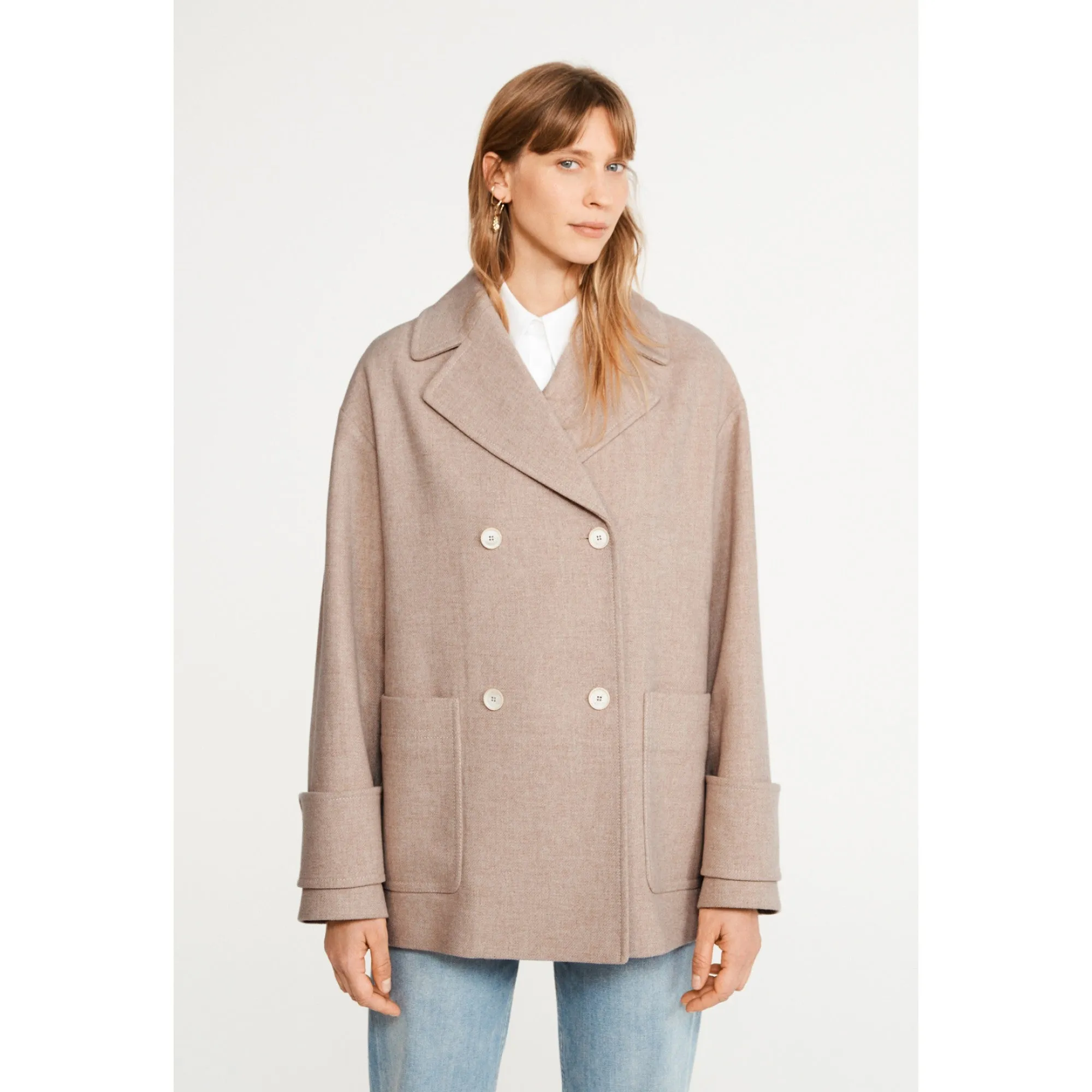 Women Oversized Wool Pea Coat - Sand