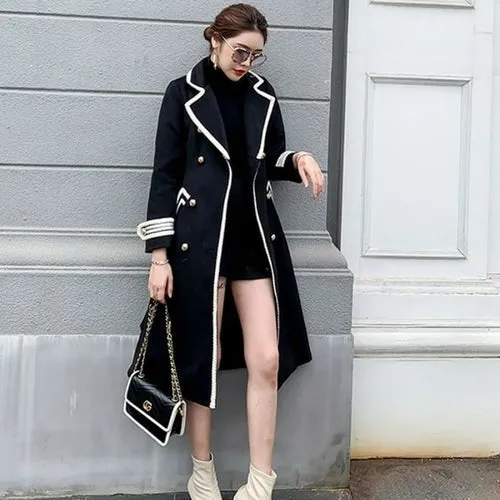 Women's Fashion Wool Coat ladies Autumn Winter Thick Warm V Neck Belt